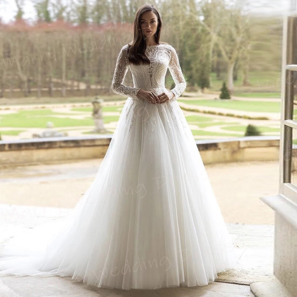 Fascinante vestido De novia De línea A para mujer, elegante vestido De novia moderno con Apliques De encaje, cuello redondo clásico, manga larga