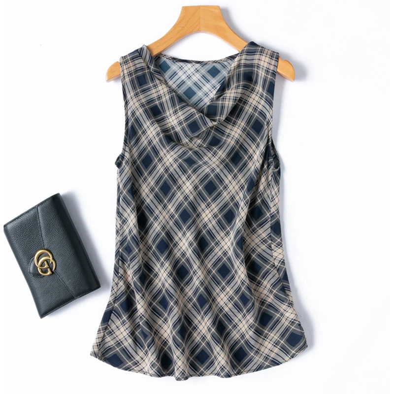 

Women‘s Silk Tank Top 100% Mulberry Silk Crepe Silk Camel Checked Cowl Neck Vest Sleeveless Shirt Summer Beach M1407