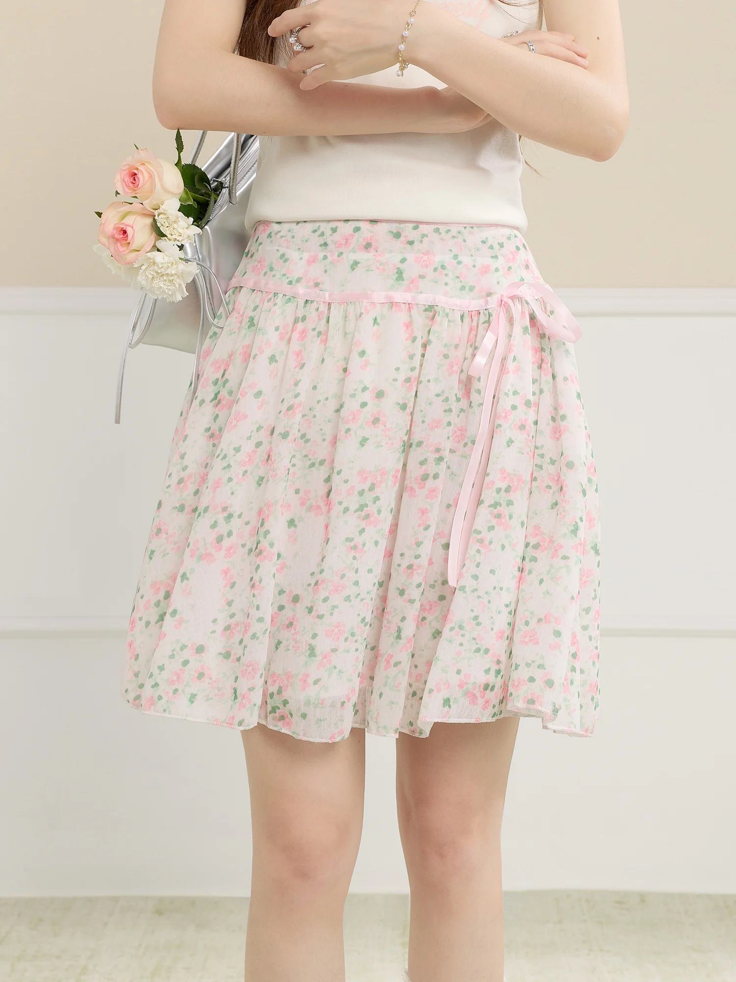 

Модная женская летняя юбка-трапеция с цветочным принтом, завязками и высокой талией, маленький размер