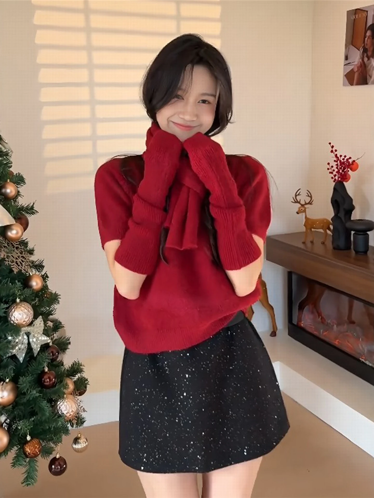 

Красный вязаный свитер, женский осенне-зимний модный костюм из двух предметов, корейский Sle, стандартный крой, средний размер, софтн ор Све