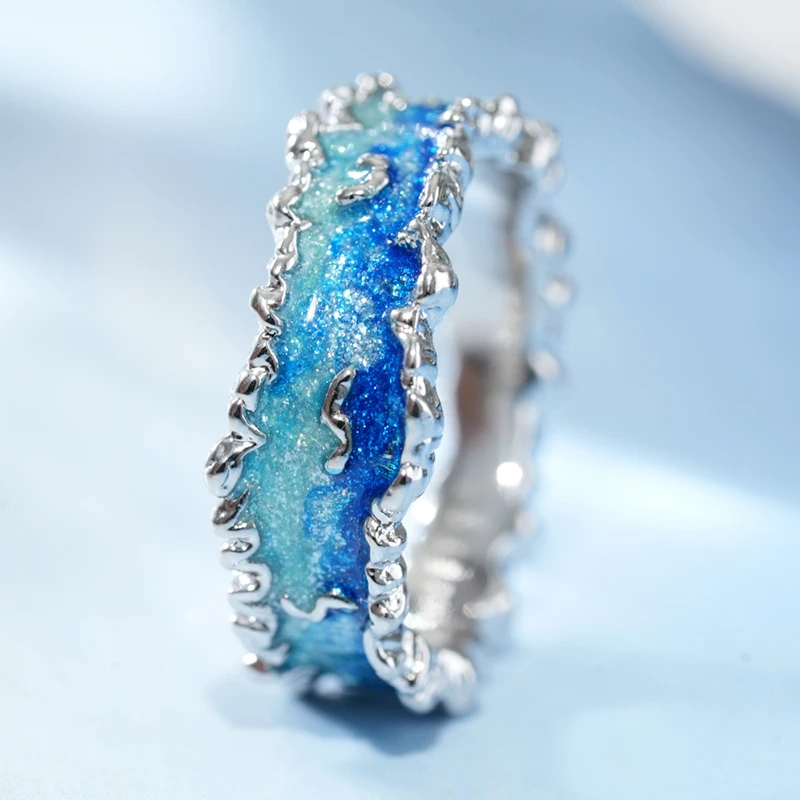 Bagues Huitan au design vague océanique pour femmes, bijoux créatifs et attrayants bleus pour les fêtes, magnifiques bijoux frais et délicats pour le quotidien