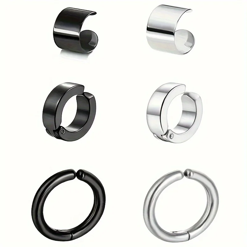 男性と女性のためのステンレス鋼のイヤリング,パンクスタイルのユニセックスジュエリー,シンプルなファッション,6個のセット