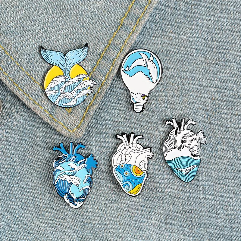 Bag Clothes Lapel Pins Ocean Wave Badge Whale Jewelry Gift for Kids Friend Freedom Heart Enamel  Pins Custom Organ Heart Pines