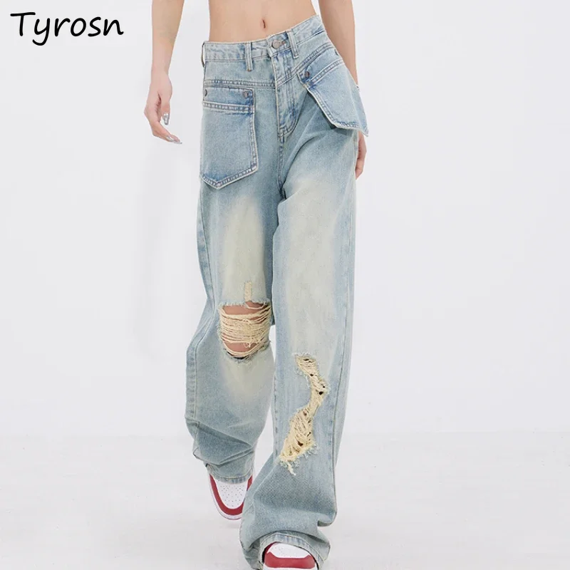 

Wide Leg Jeans Women Summer Holes High Waist Pockets Hot Girls American Street Harajuku vintage Cool Girls Baggy Korean Style