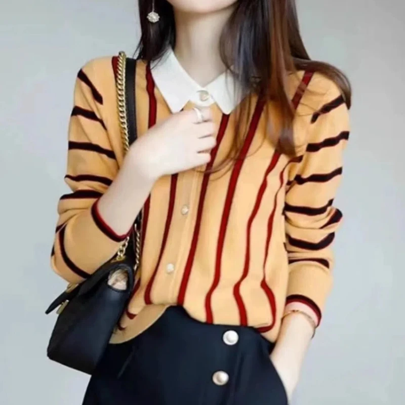 Spring Autumn Fashion Turn-down Collar Long Sleeve Striped Cardigan Women\'s Clothing Patchwork Loose Button Knitting Chic Tops