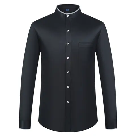Men's Banded Collar Dress Shirts Long Sleeve Button Down Mandarin Collar Versatile Shirt Solid Shirt with Pocket