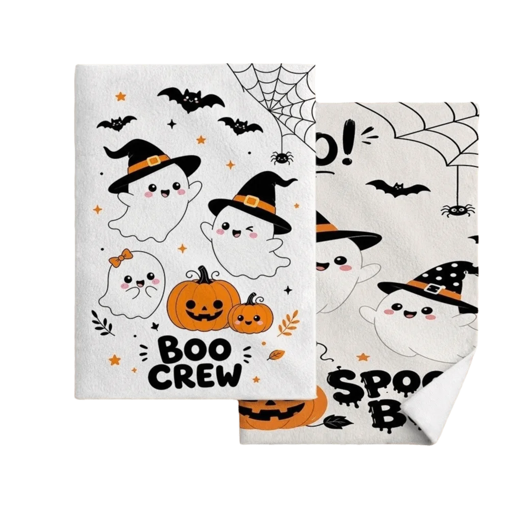 2 pcs Reusable Ghost Halloween Dish Towels Cat Strong Absorbent Kitchen Towel Funny Pumpkin Hand Towel Home Decoration