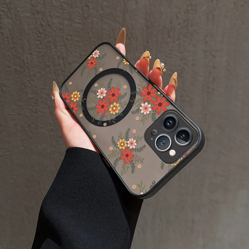 Custodia magnetica per iPhone 13 Mini 11 15 14 12 16 Pro Max 17 Air XR XS X SE 7 8 Plus per Magsafe Cover trasparente con fiori opachi