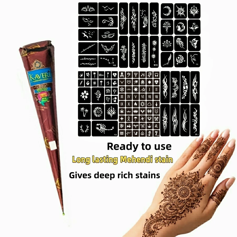 

Henna Tattoo Set, 3 Henna Cone + 6 Temporary Tattoo Stencils, Waterproof Henna Tattoos for Body Art & Nail Designs