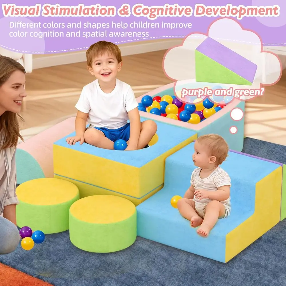 บล็อกโฟมปีนป่ายสำหรับเด็กเล็ก 6 ชิ้น พร้อมบ่อบอล ศูนย์เล่นนุ่มนิ่มหลากสีสัน สำหรับเด็กอายุ 1-3 ปี โครงสร้างสำหรับเล่นในร่ม (พร้อมลูกบอล)