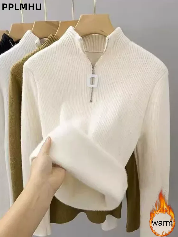 V-Neck Plus Velvet Thicken Knitted Pullover Sweater Woman Casaul Korean Fashion Knitwear Tops Jumpers Plush Lined Warm Sueter