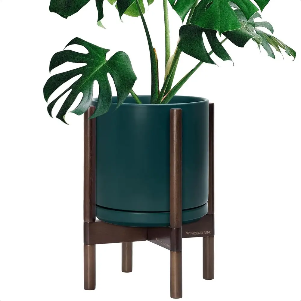 

10 Inch Round Walnut Stand Planter with Teal Wood Holder