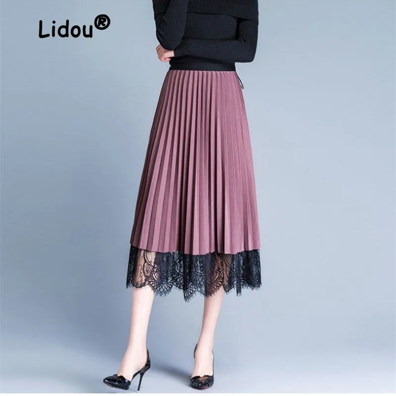 Half Length Skirt Women's Mesh Lace Patchwork Organ Fold Pleated Skirt Front and Back Wearing  Length Classic Lady Half  Skirt