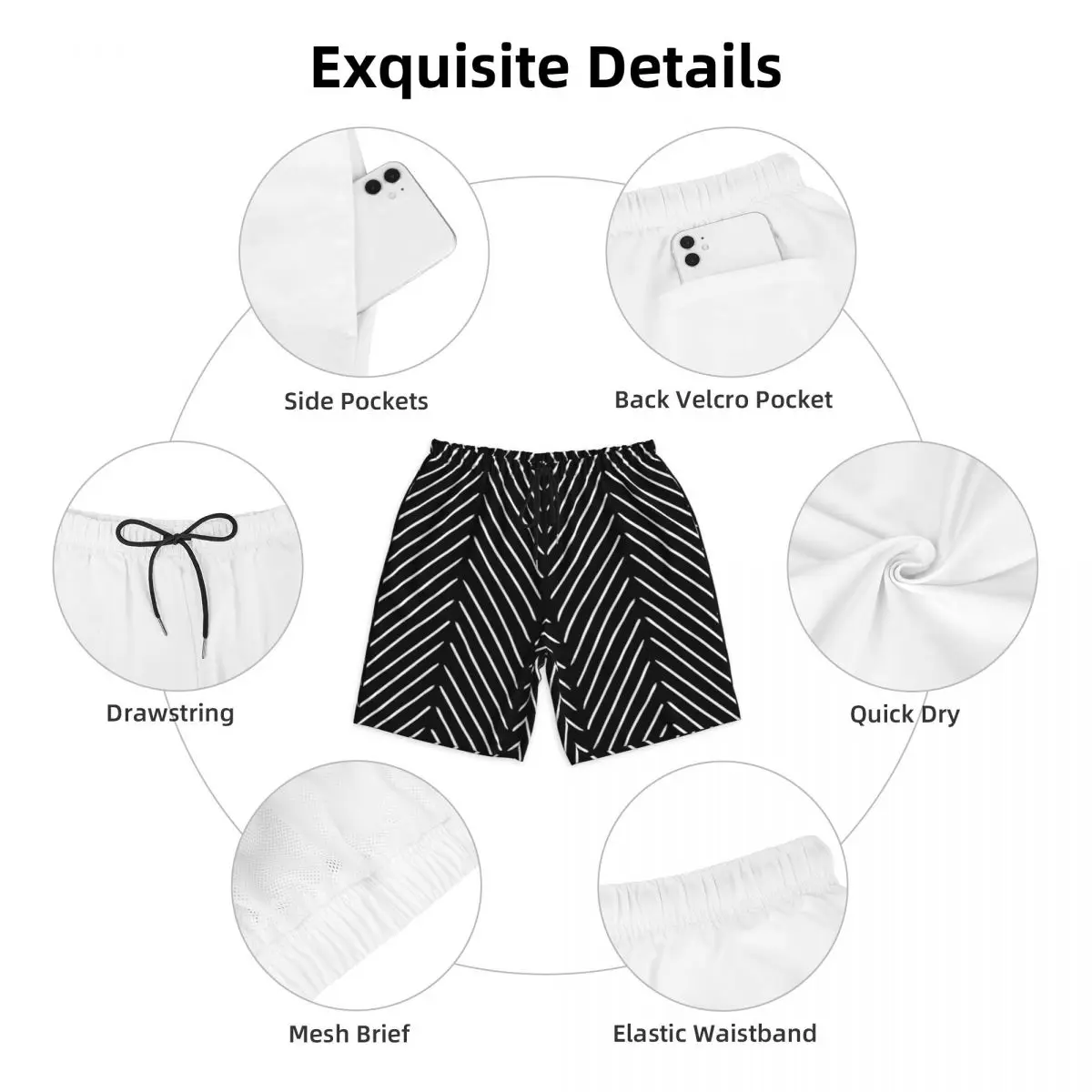 Men Board Shorts Retro Nordic Lines Stylish Swimming Trunks Diagonal Mudcloth Black Fast Dry Running Hot Sale Board Short Pants