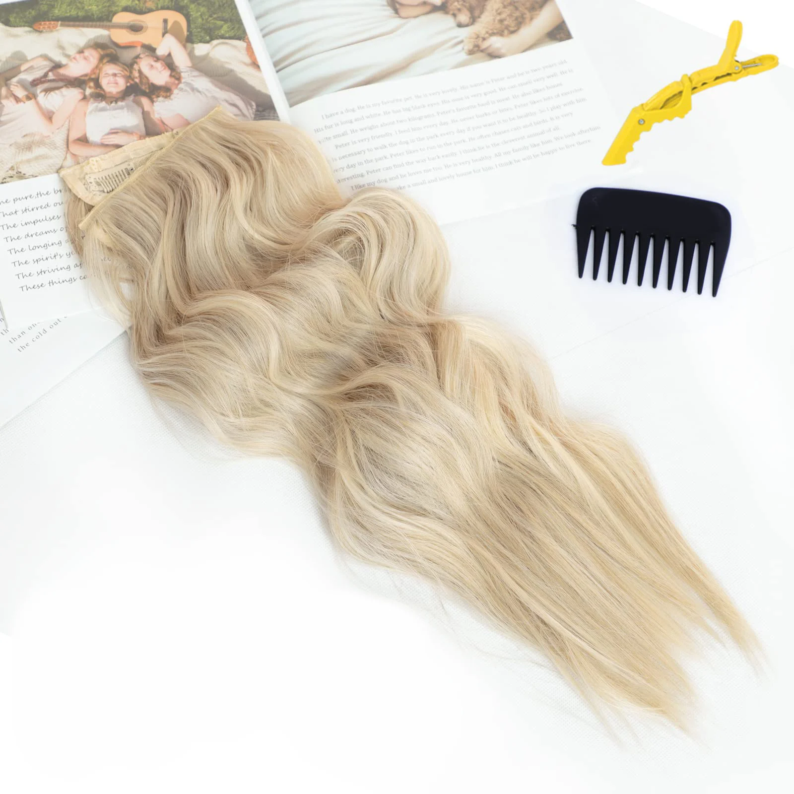 Synthetic 4 Clips In Hair Extensions Long Wavy Invisible Wire Natural Hairpiece 22Inch For Women Dark Brown Black Daily Party