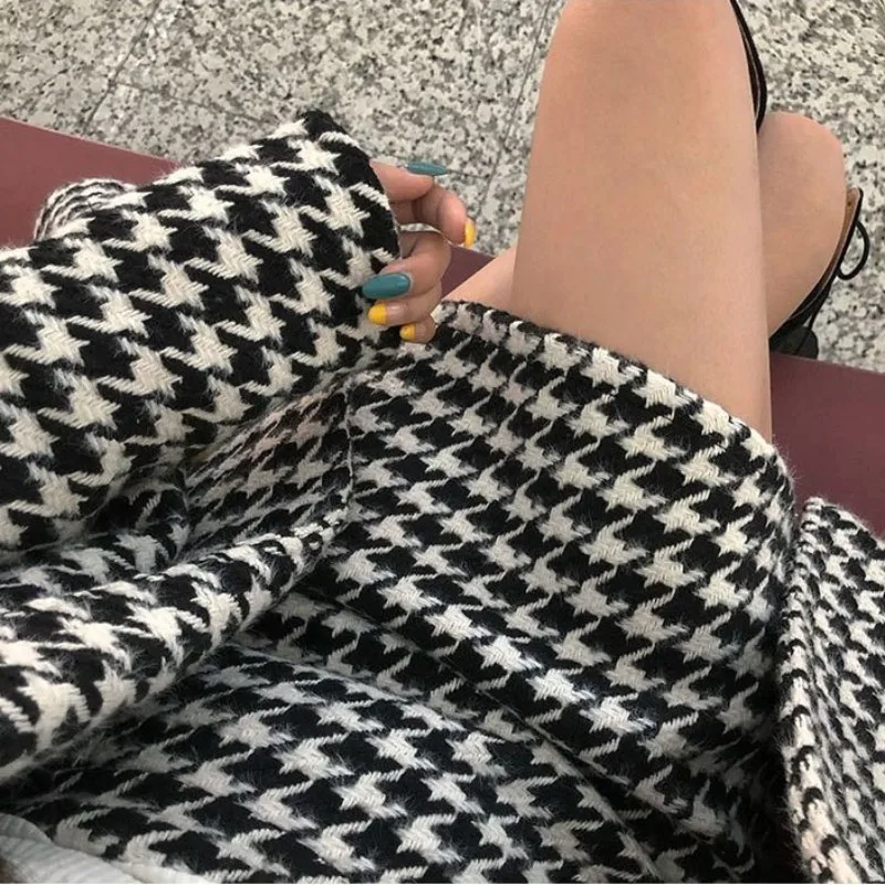 Spring Autumn 2024 New Houndstooth Suit Women\'s Fashion Loose Double-Breasted Cotton Woolen Coat+High Waist Skirt Two-Piece Suit