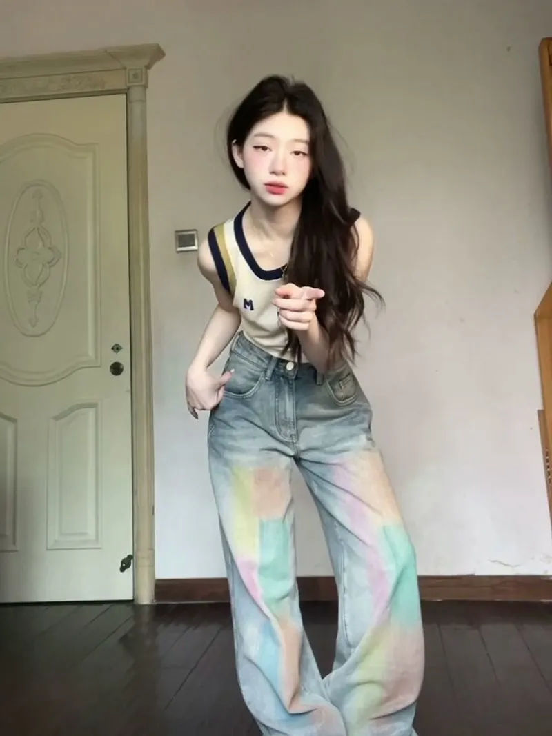 

Синие джинсы Женская одежда Tie Dye Отбеленный нерегулярный дизайн Градиент Разноцветный джинсовый модный уникальный художественный крутой художественный дизайн