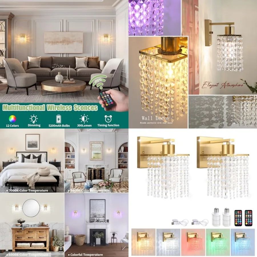 

Set of 2 Crystal Battery Operated Wall Sconce, Rechargeable Wall Lamp with 5200mAh Battery and Remote Control, Modern Dimmable
