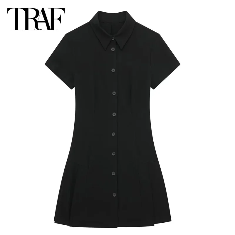 TRAF Women's Dress Shirt Short Dresses Black Short Sleeve Dress Mini Button Up Women Dresses Eleagnt Fashion Summer Dresses 2024