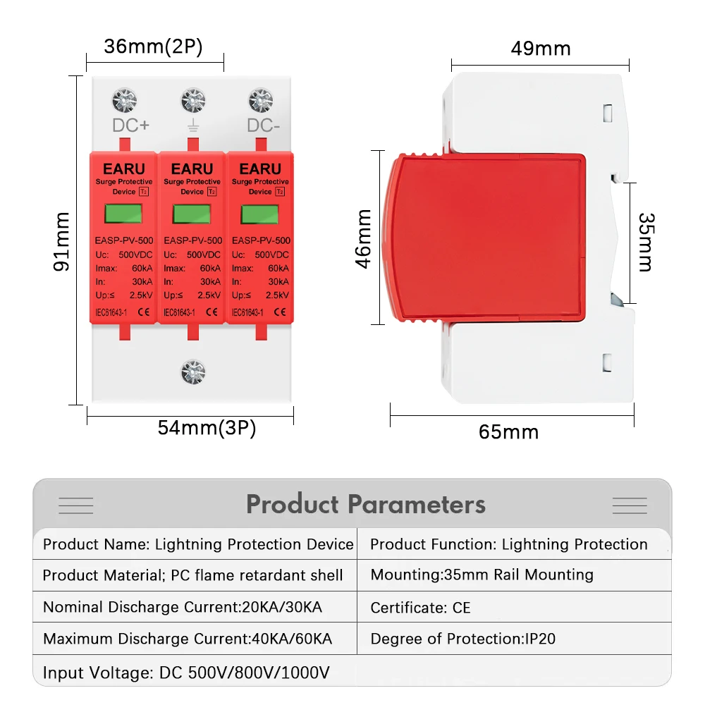 SPD 2p DC 500V 20ka ~ 40ka Haus Blitzschutz Schutz Niederspannung sable iter Gerät für PV Solar Photovoltaik-System