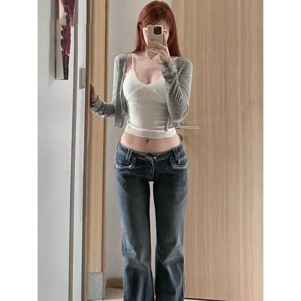 Été nouveau Sle rétro taille basse bleu jean femmes minceur ajusté Flare pantalons longs épicé fille haute rue bleu profond Denim