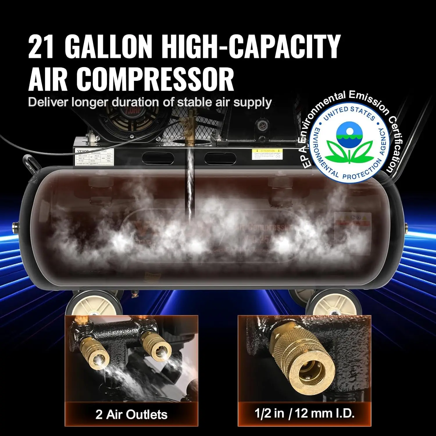 7HP Gas Powered Air Compressor, 21 Gallon Horizontal Air Compressor Tank with Wheels