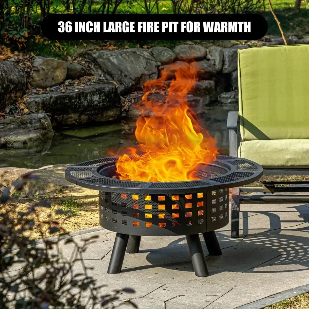 Jet black 36 inch Outdoor Fire Pit with Grill, Wood Burning Firepit,for Family Gatherings Camping, Backyard, Patio,BBQ,Bonfire