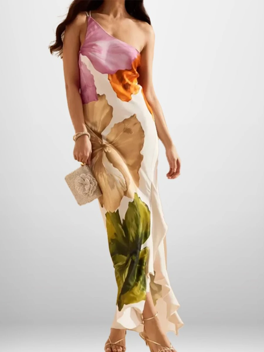 TWOTWINSTYLE Sexy Boho Printing Dress for Women Diagonal Collar Slimming Spliced Ruffles Edge Midi Dresses Female Fashion Style