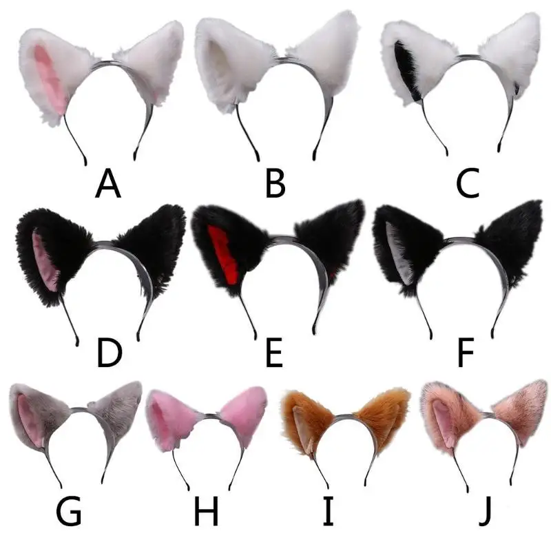 652F Cats Long Furry Fuzzy Ears Hair Headwear Wolf Animal Anime Halloween Cosplays Costume Hair Accessories Hair Hoop
