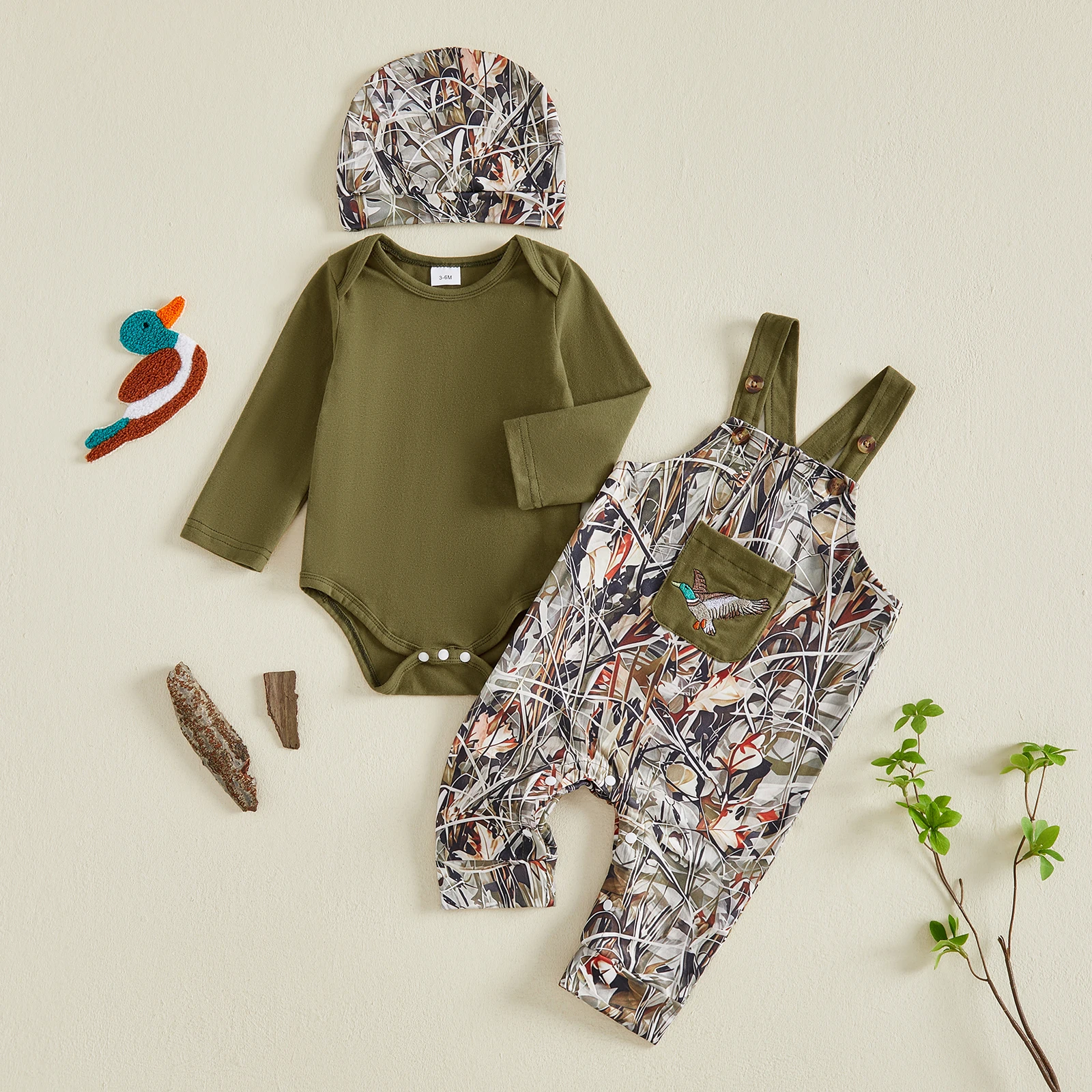 Baby Boy Fall Outfit Solid Long Sleeve Romper Duck Overall Pants and Hat Cute Boys Autumn Clothing Set 3pcs