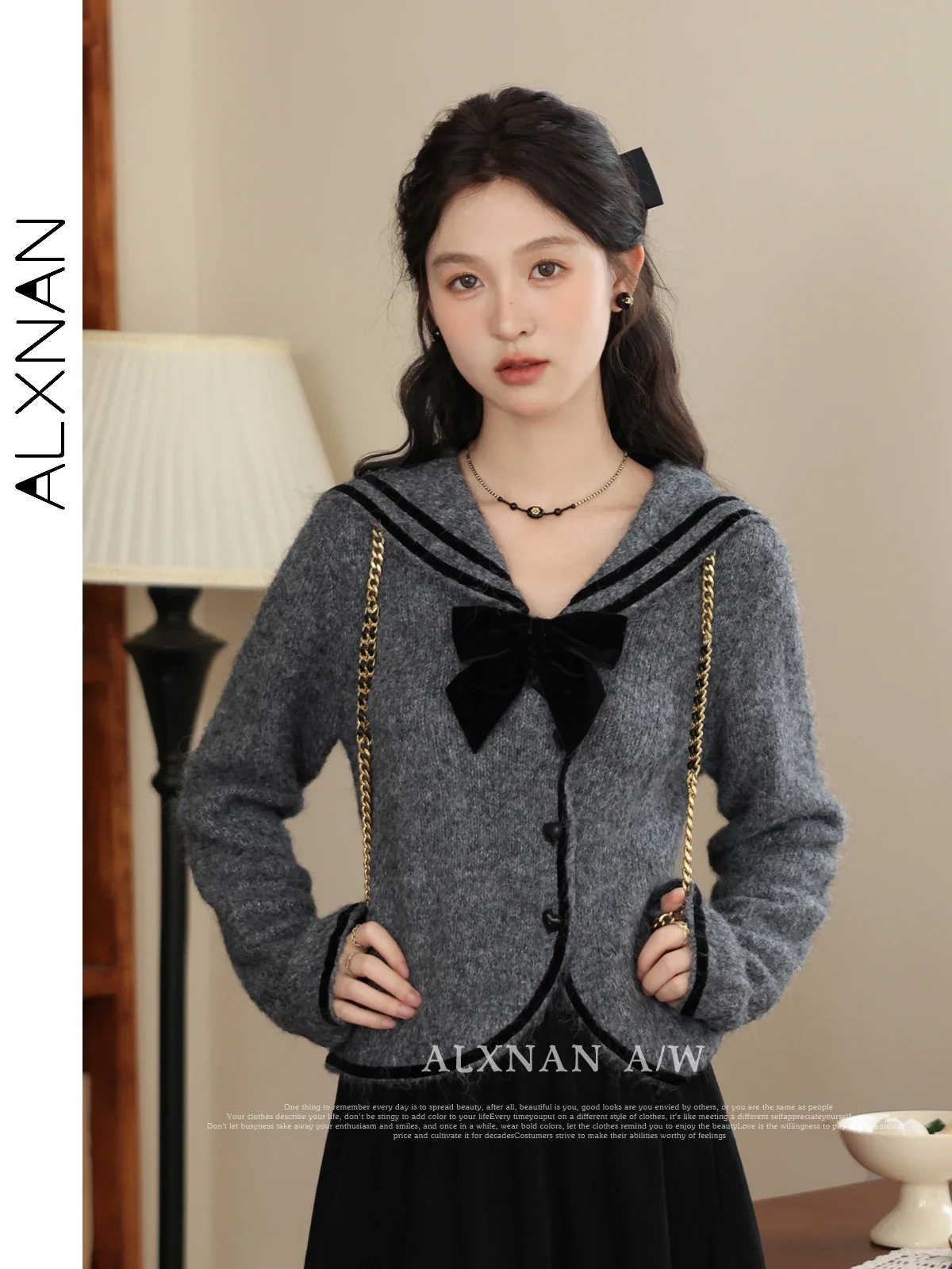 ALXNAN Sailor Collar Cardigan Sweater for Women Velvet Bow Heart Buttons Long Sleeve 2024 Fall Winter Warm Knitted Tops LXN31892