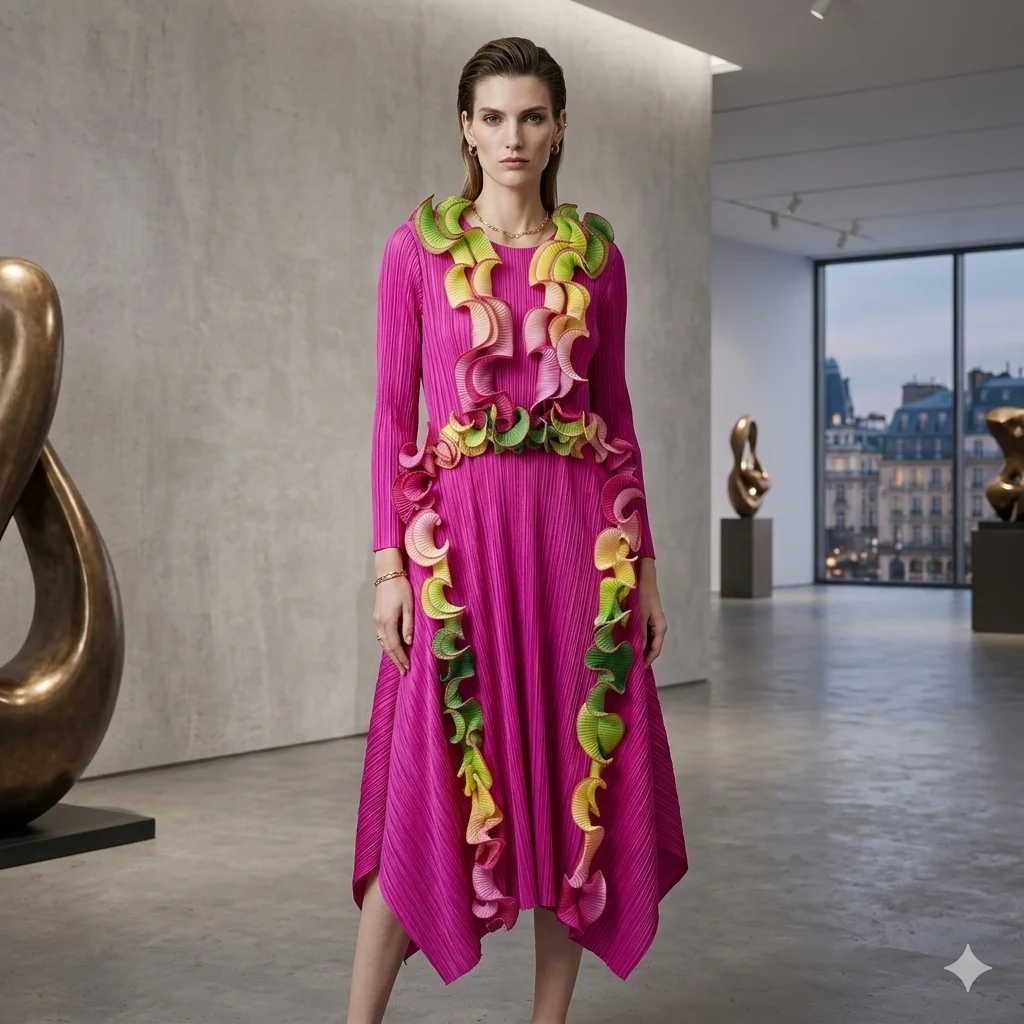 

Miyake Pleated Spring Collection: Fashion Floral Print with Flounce Hem Women's Round Neck Loose Fit Plus Size Midi Dress Pleat