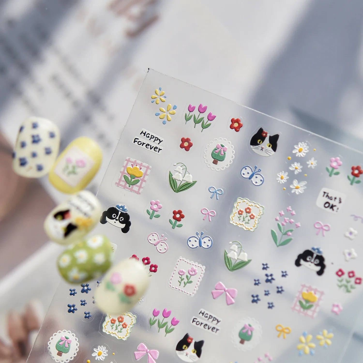 5D Embossed Nail Stickers Lovely Cat Rainy Umbrella Quilt Colorful Flower Sweet Dream Nail Art Sticker Manicure Decorati Decals - view 3