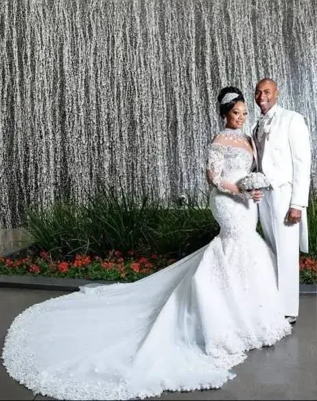 맞춤형 남아프리카 인어 웨딩 드레스 레이스 크리스탈 비딩 긴 소매 신부 드레스 하이넥 시어 플러스 사이즈 베스티오