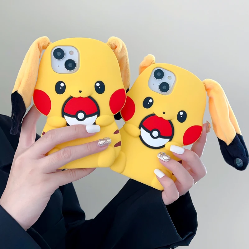 Kawaii Pikachu 3D Soft Silicone Phone Case for IPhone 15 14 13 12 11 Pro Max Pokemon Anime Cute Protective Cover with Plush Ear