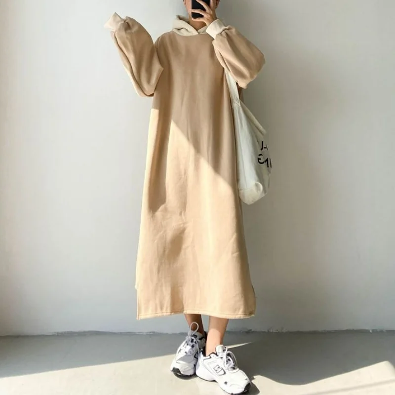 

2023 Winter Fleece Thickened Dress Women's Solid Hooded Drawstring Korean Vintage Warm Casual Loose Versatile Side Split Dresses