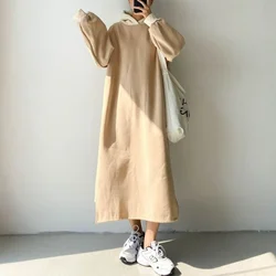 2023 Winter Fleece Thickened Dress Women's Solid Hooded Drawstring Korean Vintage Warm Casual Loose Versatile Side Split Dresses