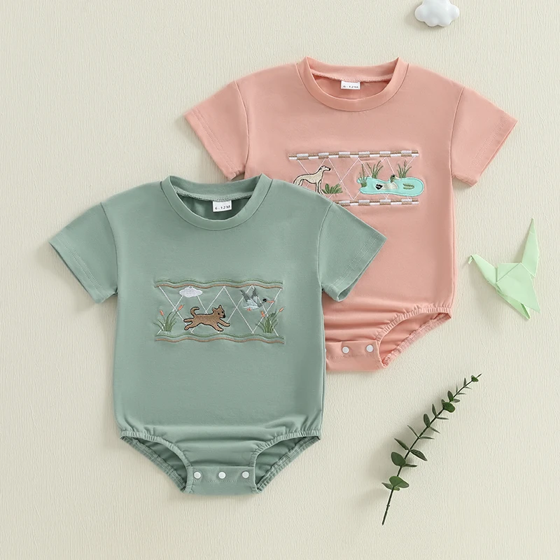 

0-18M Summer Fashion Toddler Kids Girls Boys Clothing Infant Baby Romper Short Sleeve Duck Dog Embroidery Cotton Jumpsuits