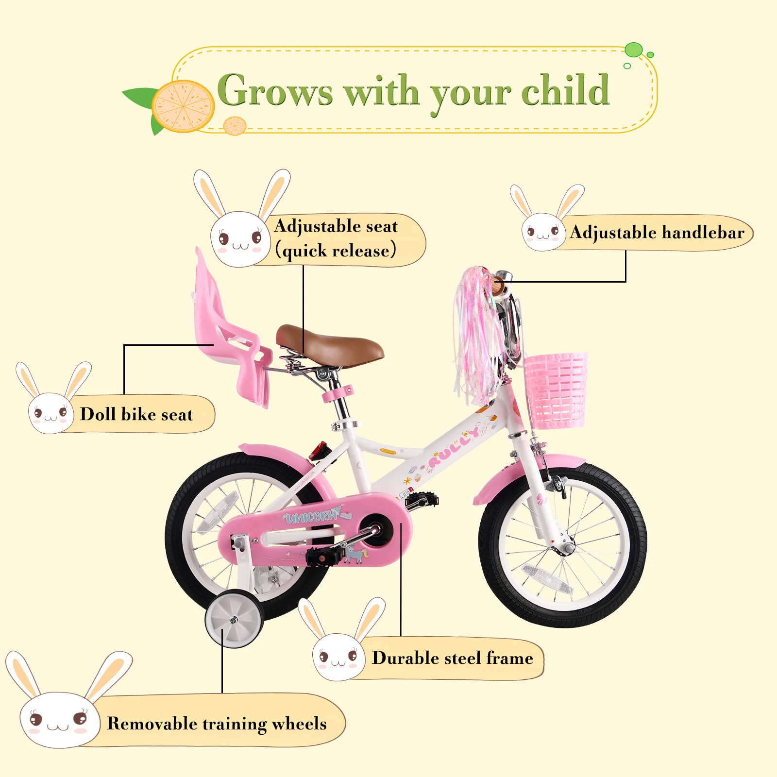 2-7-year-old baby bicycle for girls, bicycle for girls with training wheels, Bell and seat for doll