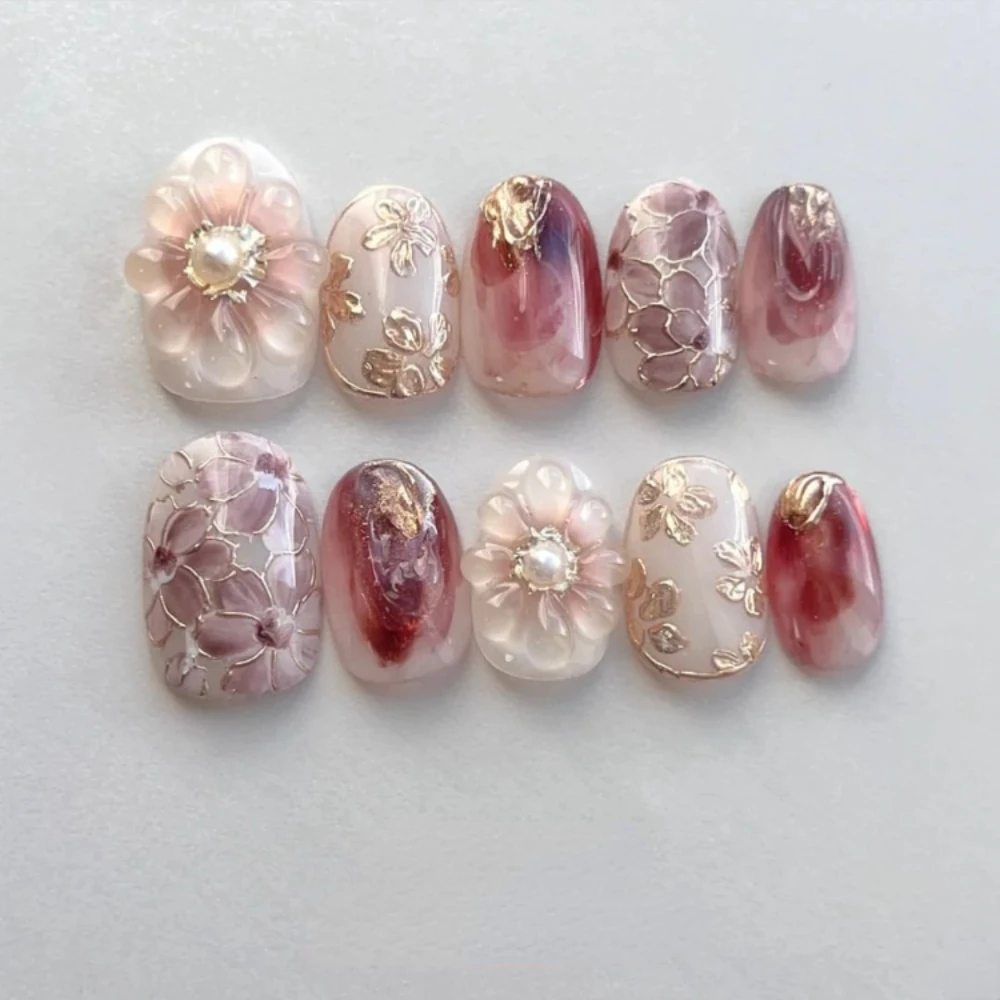 10 Pcs Handmade Spring/Summer New Press On Nails Painting Flowers Pearl Fasle Nails 3D Japanese Style Nails Fake Nails with Set