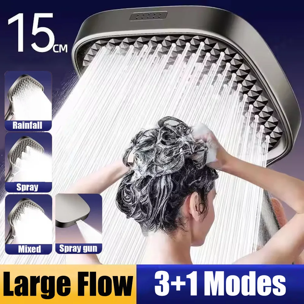 Upgraded 15CM Big Panel Large Flow Square Shower Head 4 Modes Adjustable Shower Head High-pressure Water-saving Handheld Shower
