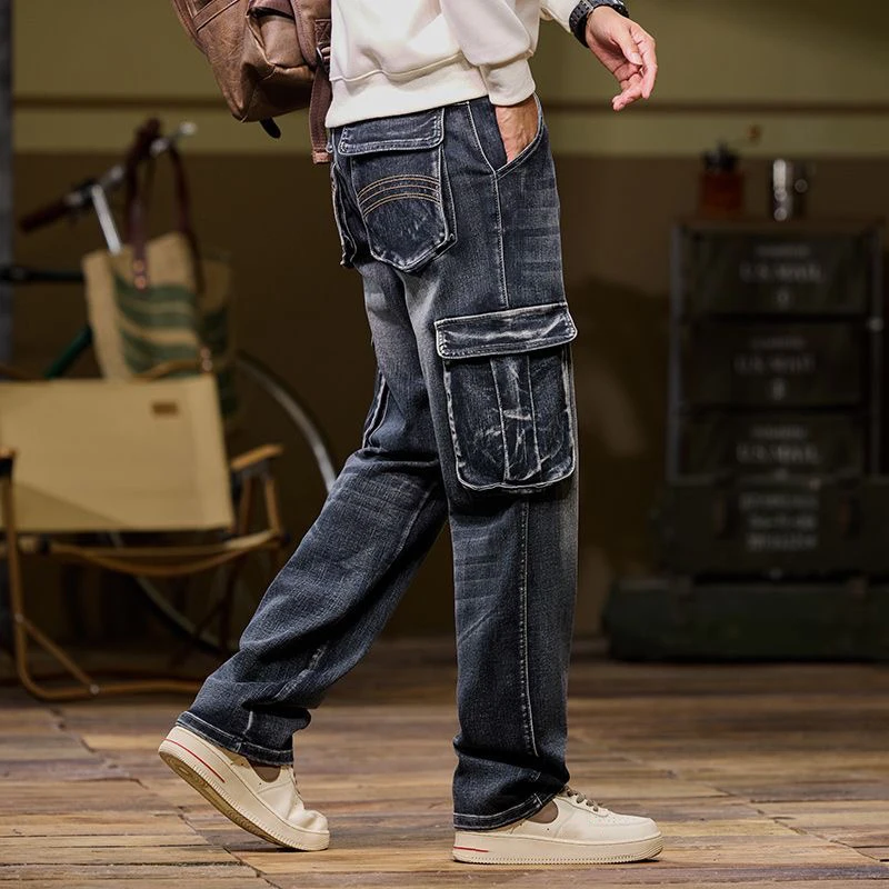 هاي ستريت العصرية متعددة جيب الدنيم السراويل الرجال الأمريكية خمر الجينز المتضخم فضفاض الدهون مستقيم بنطلون البضائع بانت تنوعا #4