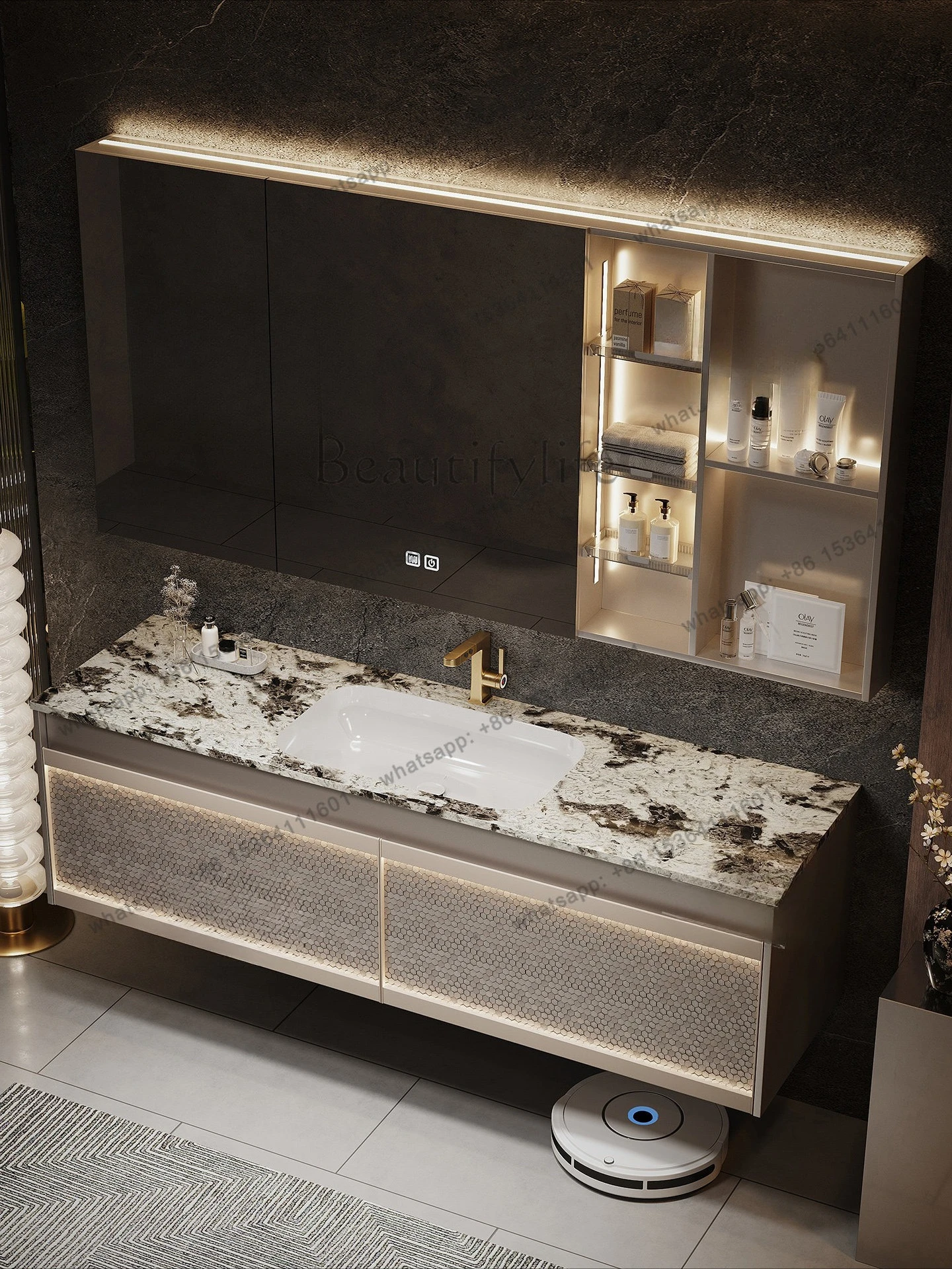 Customized metallic paint bathroom cabinet combination rock slab seamless ceramic basin light luxury relief washstand