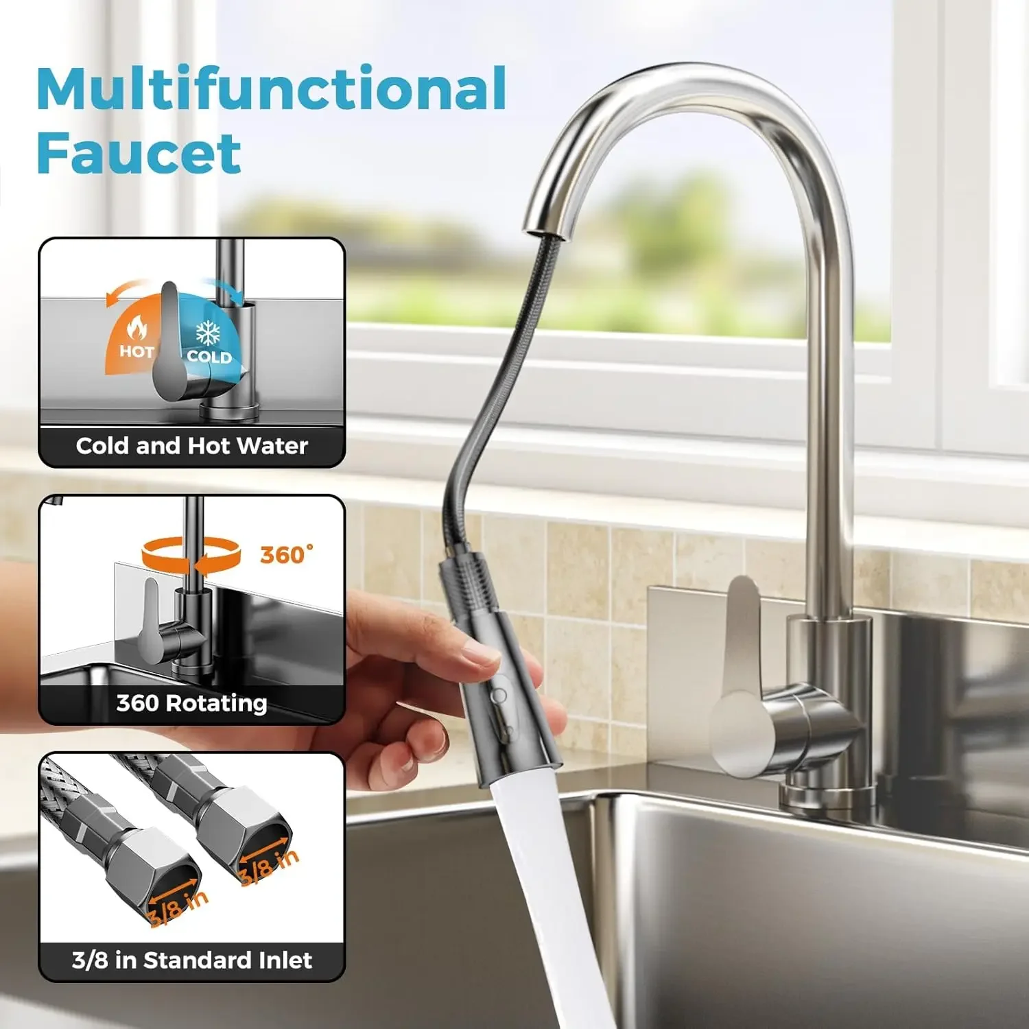 Stainless Steel Utility Sink, 25 Inch Single Bowl Kitchen Sink with Cold Hot Water Pipe Standard P-trap Drainge for Laundry Room