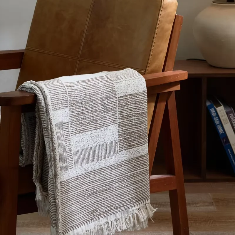 

Pure Cotton Blanket Stripe Shrinkage Jacquard Weave Throw Blanket Home Decorate Sofa Bed Tassel Blanket Travel Nap Cover Blanket