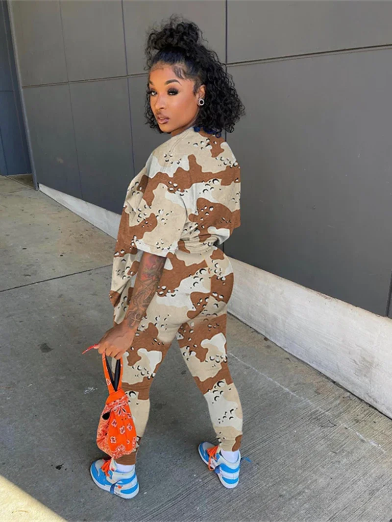 Streetwear Camouflage Tracksuit Women Two 2 Piece Set Outfits Short Sleeve Shirt Top and Pants Suits Casual Woman Matching Sets