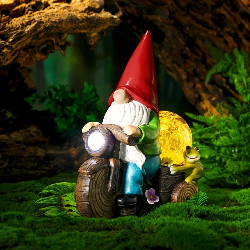 Outdoor Garden Gnome Statue Light, Outdoor garden solar gnome cycling glass ball light ornament, Courtyard solar powered dwarf cycling statue light, Garden Light Decor for Lawn Ornaments