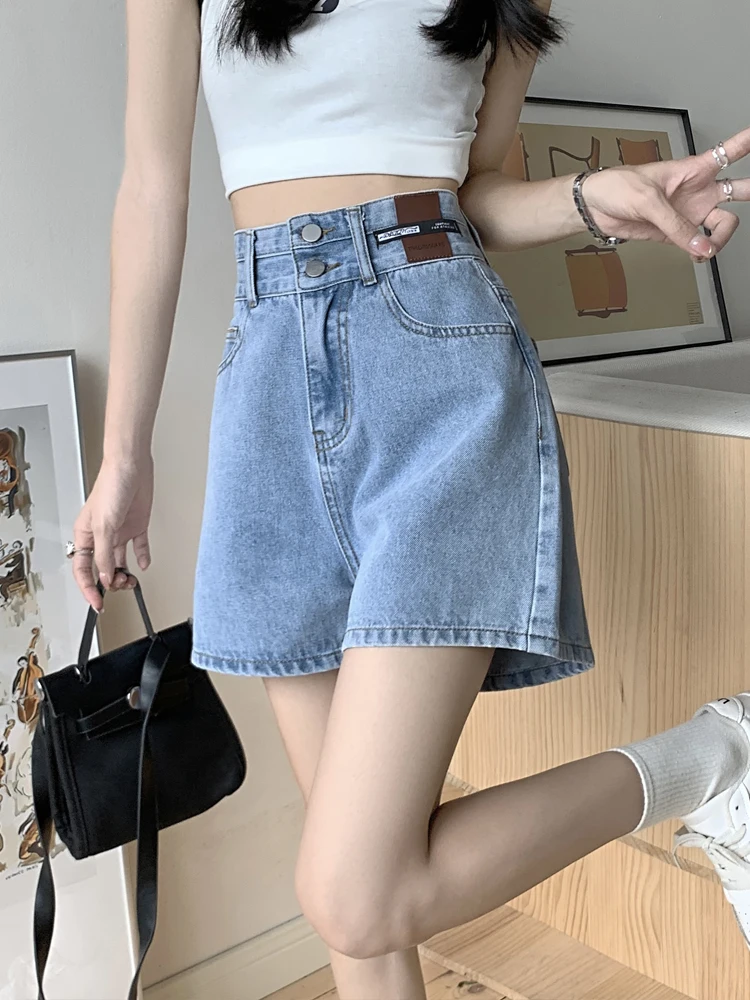 High Waist Denim orts Women's Thin New Autumn Large Size Fat MM Slim Small A-Line Wide Leg Hot Pants Summer Blue Color