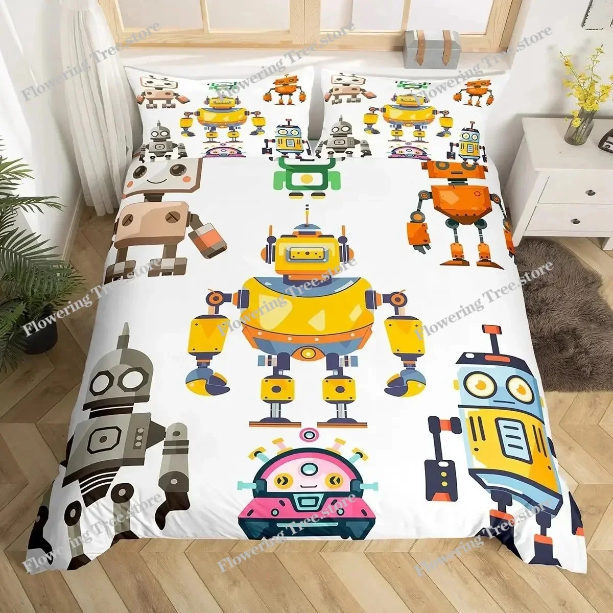 Funda de Edredón con Diseño de Robot Cohete de Dibujos Animados para Niños, Tamaño King y Queen, Juego de Ropa de Cama con Diseño de Nave Espacial, Galaxia Estrellada, Universo y Planetas