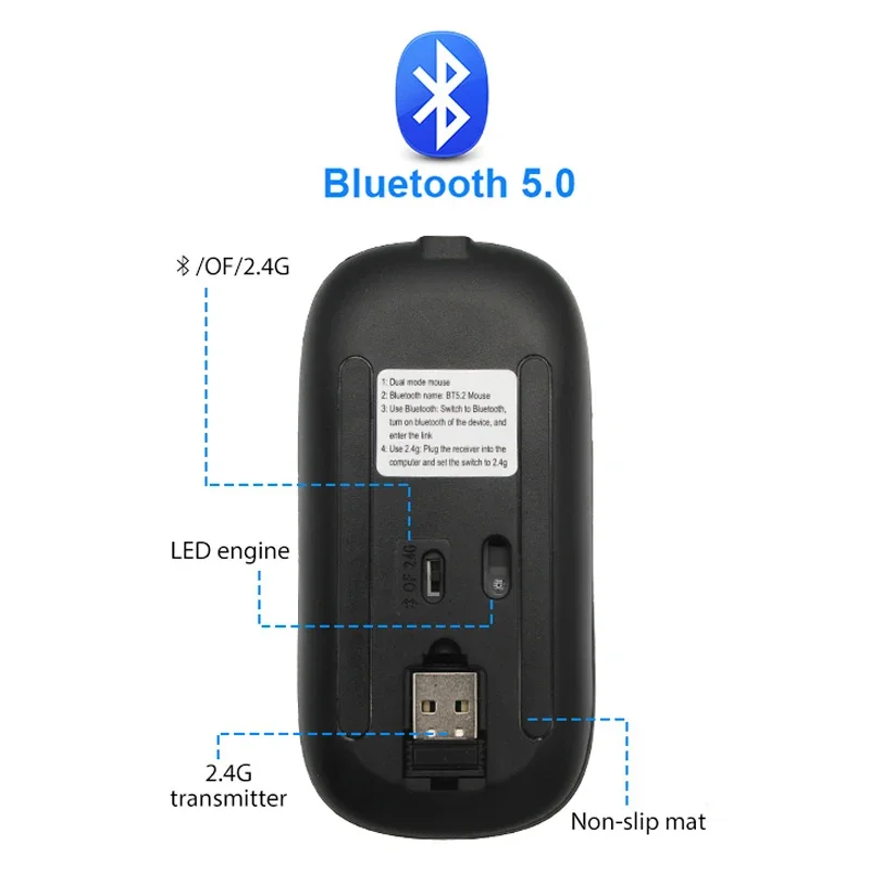 Bluetooth Wireless Mouse for Laptop iPad Tablet Computer with RGB Backlight Mice Ergonomic Rechargeable USB Mouse Gamer